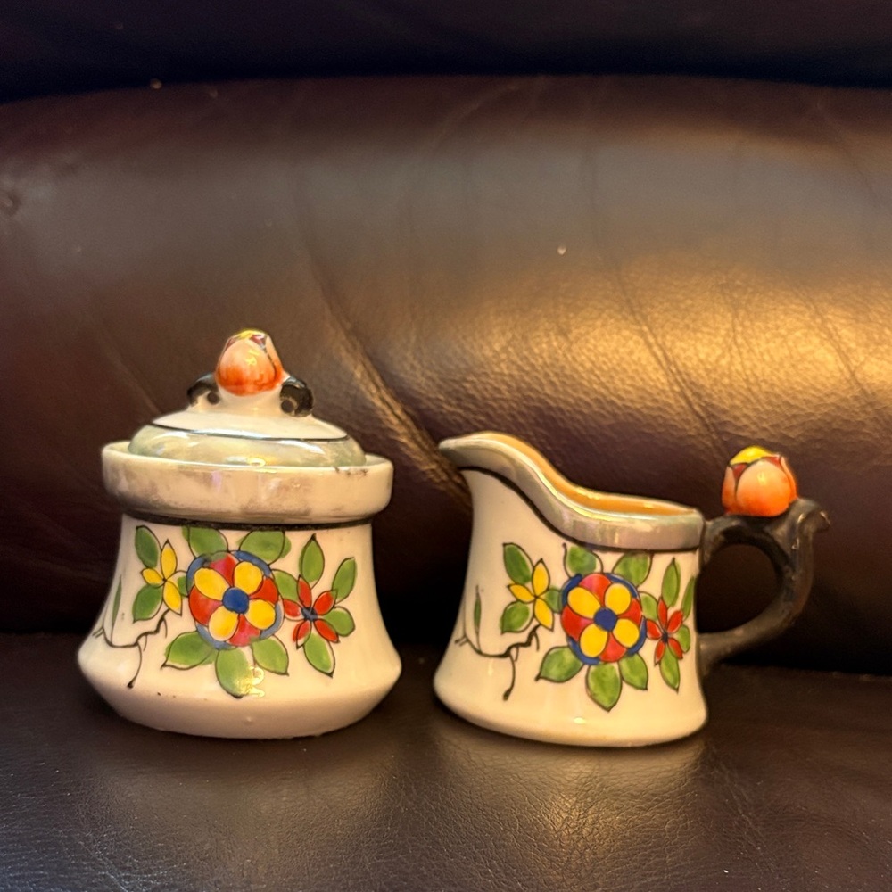 Antique Lusterware  Floral Ceramic Sugar and Creamer Set Tulip Knob Japan